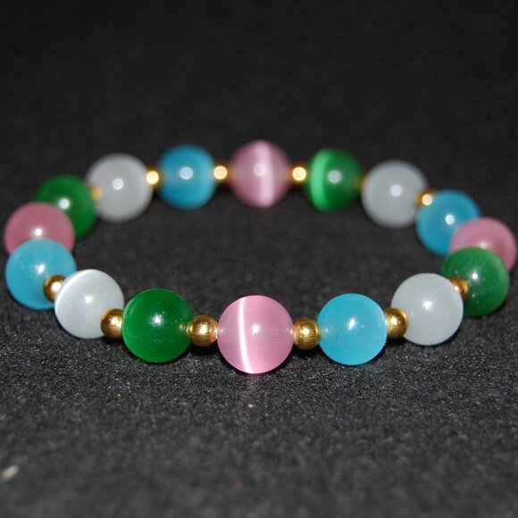 Multi Color Cat Eye Bracelet,Multi Color Bracelet,10mm Multi Col Beaded Bracelet - Picture 1 of 4